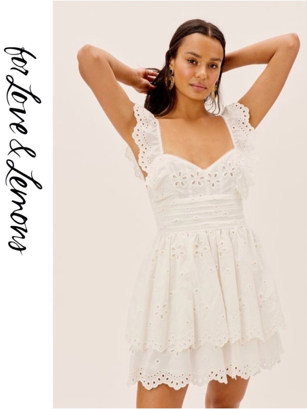 For Love & Lemons White Eyelet Ruffle Strap Mini Dress